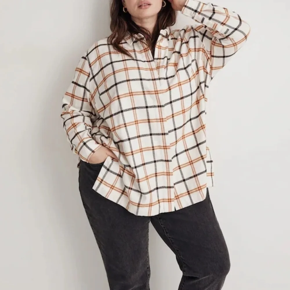 Madewell White and Orange Plaid Button-Down Shirt